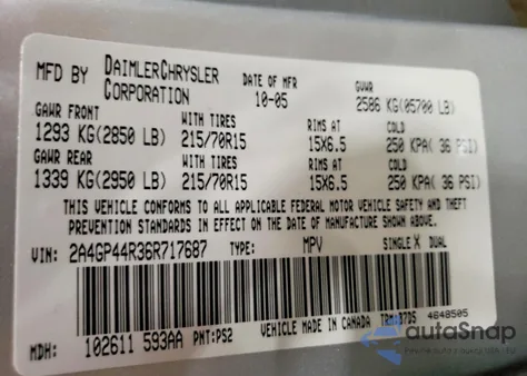 2006 Chrysler Town & Country Lx из США, поврежденный, VIN 2A4GP44R36R717687